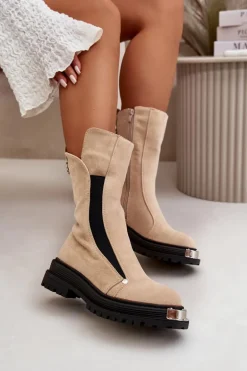 Zamszowe Ocieplane Botki Na Płaskim Obcasie Jasnobeżowe Palimra