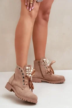 Zamszowe Ocieplane Botki Z Perełkami I Wstążką Beżowe Perla