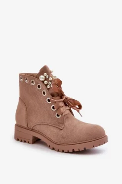 Zamszowe Ocieplane Botki Z Perełkami I Wstążką Beżowe Perla