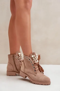Zamszowe Ocieplane Botki Z Perełkami I Wstążką Beżowe Perla