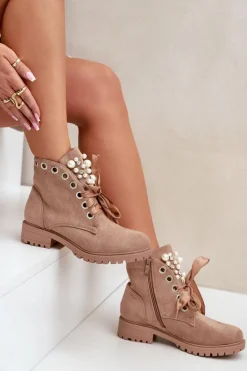 Zamszowe Ocieplane Botki Z Perełkami I Wstążką Beżowe Perla