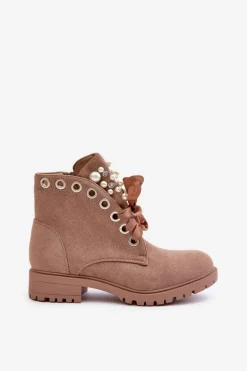 Zamszowe Ocieplane Botki Z Perełkami I Wstążką Beżowe Perla