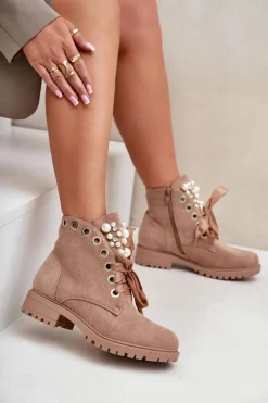 Zamszowe Ocieplane Botki Z Perełkami I Wstążką Beżowe Perla