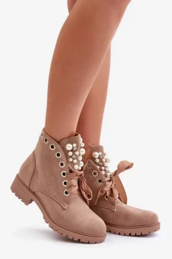 Zamszowe Ocieplane Botki Z Perełkami I Wstążką Beżowe Perla