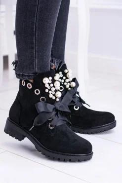Zamszowe Ocieplane Botki Z Perełkami I Wstążką Czarne Perla