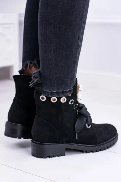 Zamszowe Ocieplane Botki Z Perełkami I Wstążką Czarne Perla