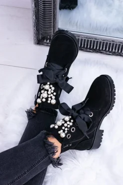 Zamszowe Ocieplane Botki Z Perełkami I Wstążką Czarne Perla