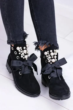 Zamszowe Ocieplane Botki Z Perełkami I Wstążką Czarne Perla