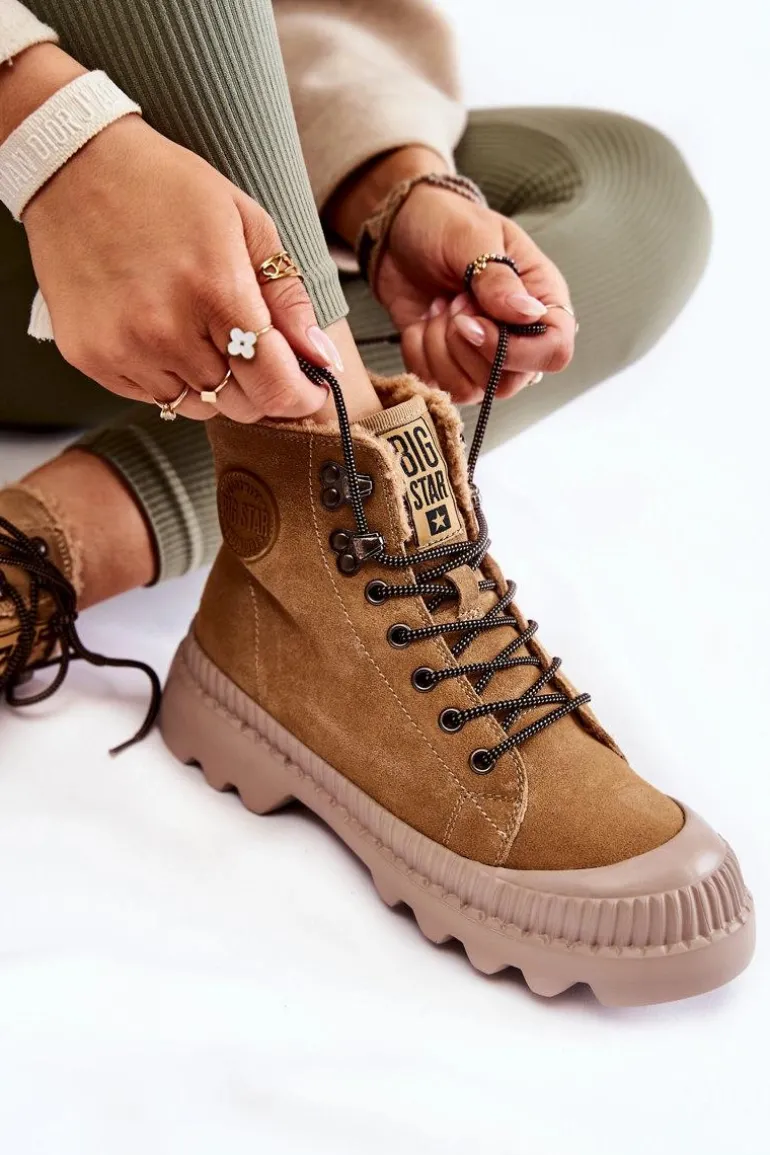 Zamszowe Ocieplane Botki Trapery Big Star KK274521 Beżowe