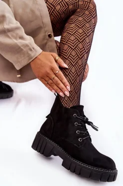 Zamszowe Ocieplane Botki Sznurowane Czarne Bjorg