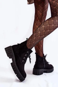 Zamszowe Ocieplane Botki Sznurowane Czarne Bjorg