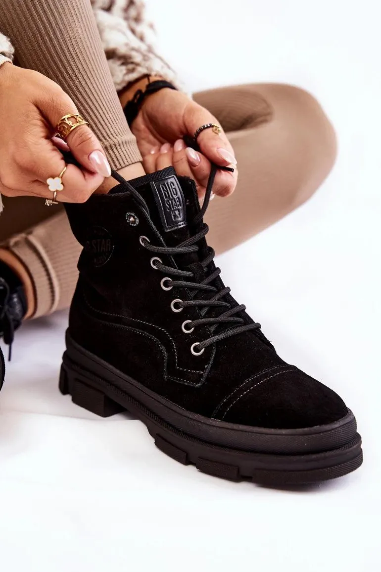 Zamszowe Ocieplane Botki Trapery Big Star KK274525 Czarne