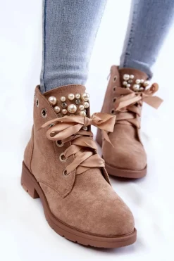 Zamszowe Ocieplane Botki Na Suwak Z Perłami Ciemnobeżowe Raiso