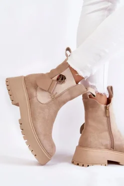 Zamszowe Ocieplane Botki Workery Beżowe Magnis