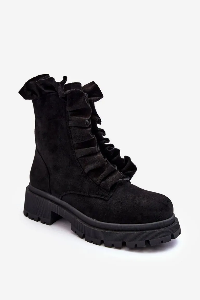 Zamszowe Ocieplane Botki Workery Na Płaskim Obcasie Czarne Nacelle