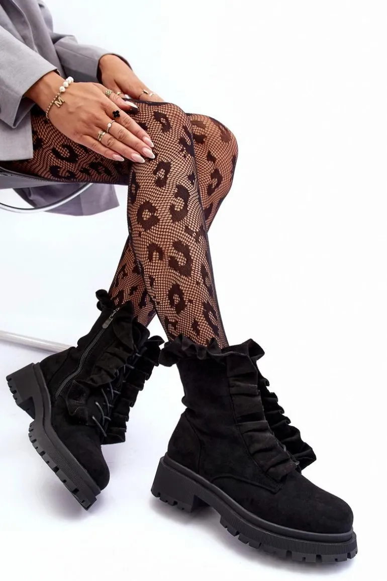 Zamszowe Ocieplane Botki Workery Na Płaskim Obcasie Czarne Nacelle