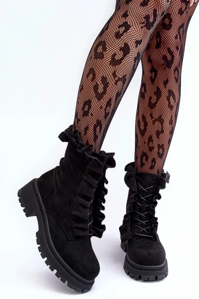 Zamszowe Ocieplane Botki Workery Na Płaskim Obcasie Czarne Nacelle