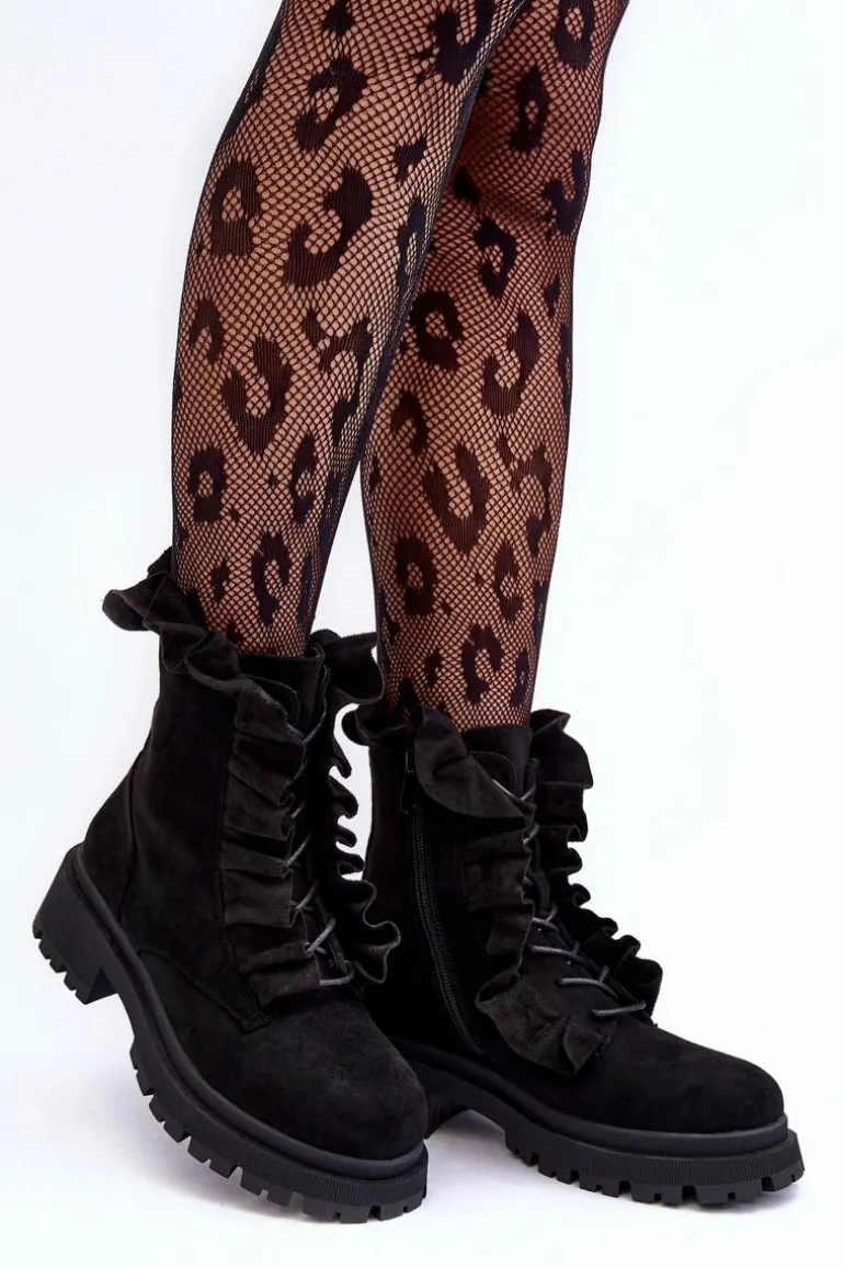 Zamszowe Ocieplane Botki Workery Na Płaskim Obcasie Czarne Nacelle