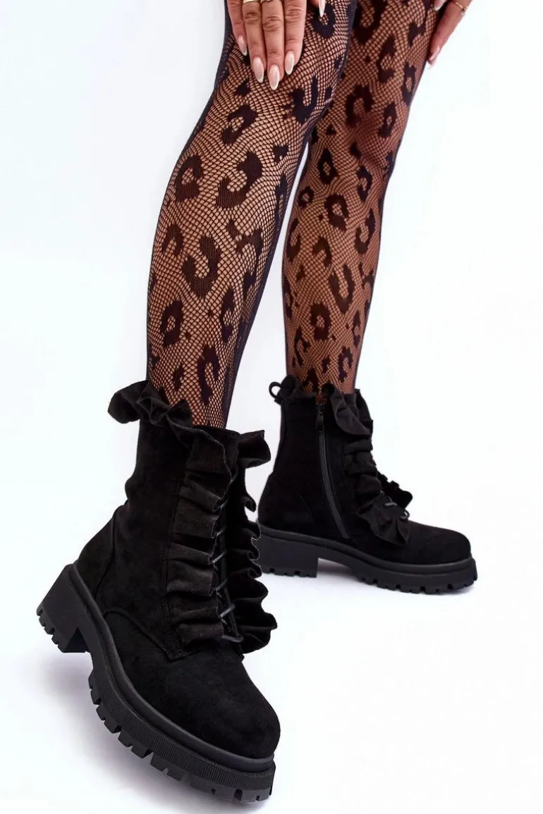 Zamszowe Ocieplane Botki Workery Na Płaskim Obcasie Czarne Nacelle