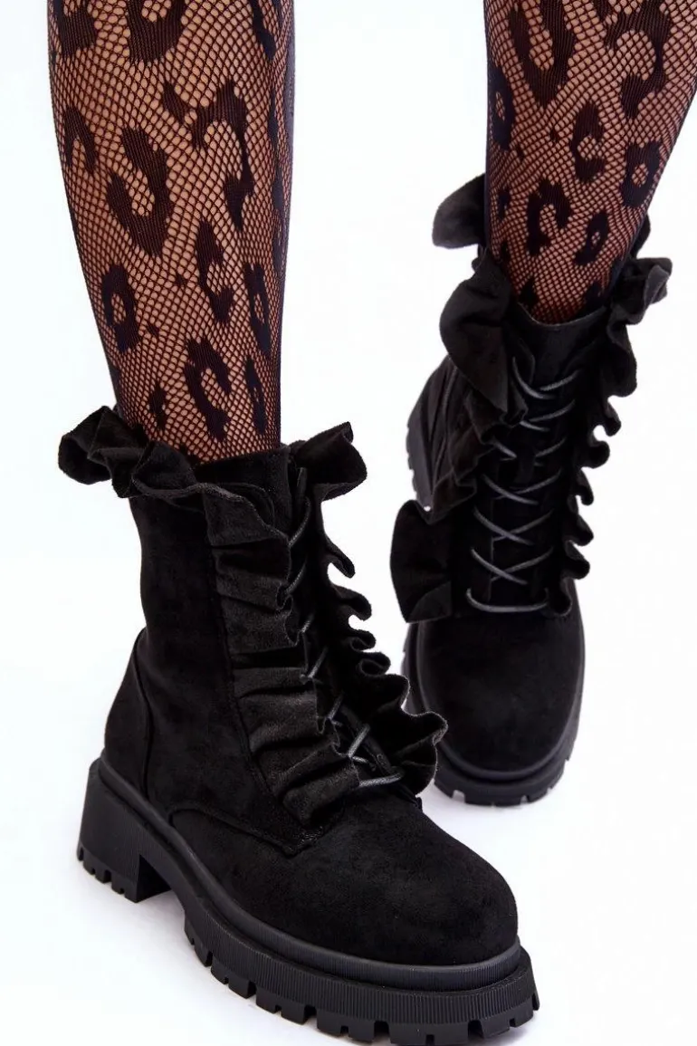 Zamszowe Ocieplane Botki Workery Na Płaskim Obcasie Czarne Nacelle