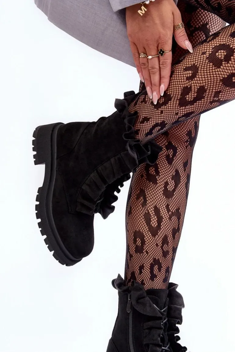 Zamszowe Ocieplane Botki Workery Na Płaskim Obcasie Czarne Nacelle