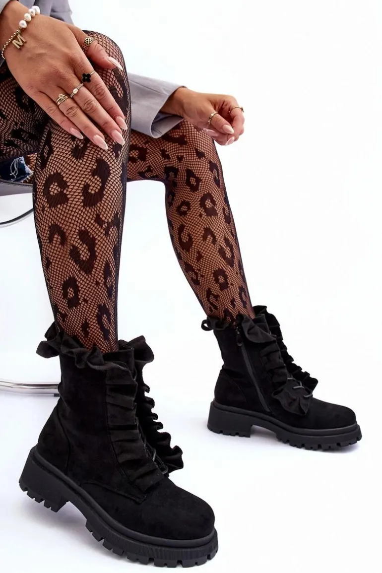 Zamszowe Ocieplane Botki Workery Na Płaskim Obcasie Czarne Nacelle