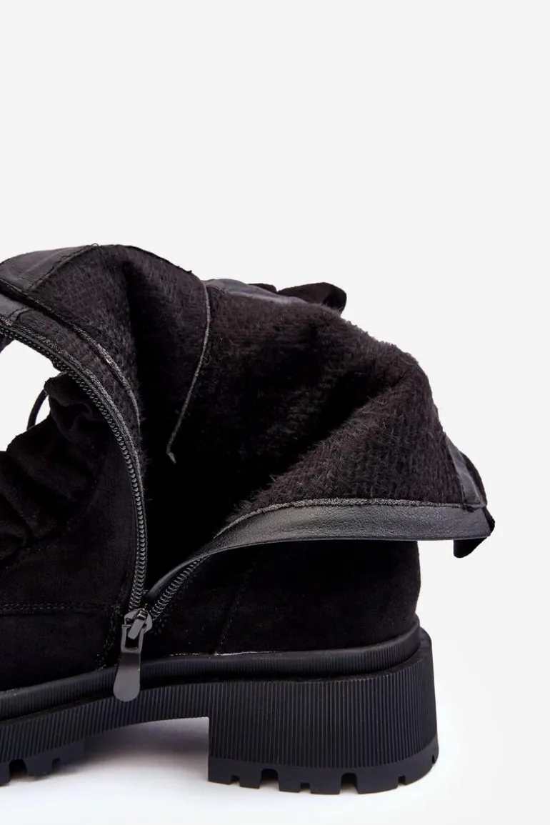 Zamszowe Ocieplane Botki Workery Na Płaskim Obcasie Czarne Nacelle