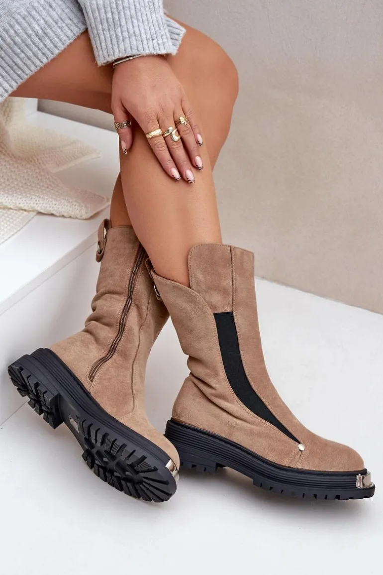 Zamszowe Ocieplane Botki Na Płaskim Obcasie Beżowe Palimra