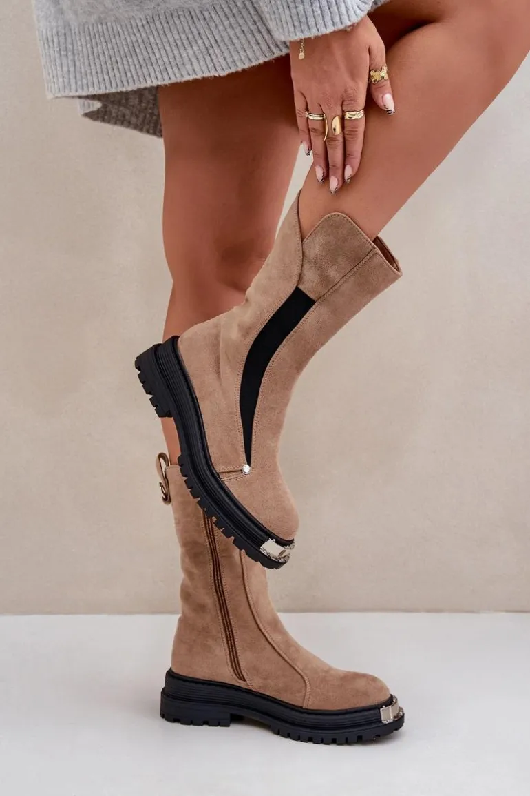 Zamszowe Ocieplane Botki Na Płaskim Obcasie Beżowe Palimra