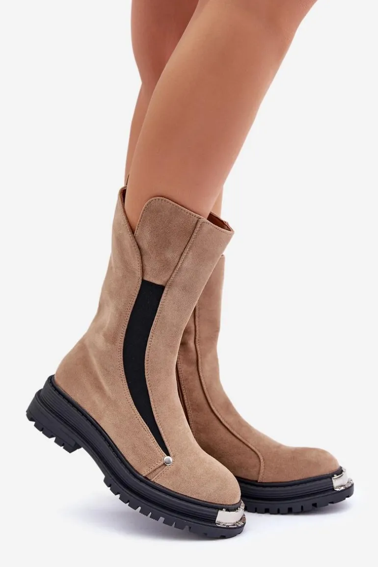 Zamszowe Ocieplane Botki Na Płaskim Obcasie Beżowe Palimra