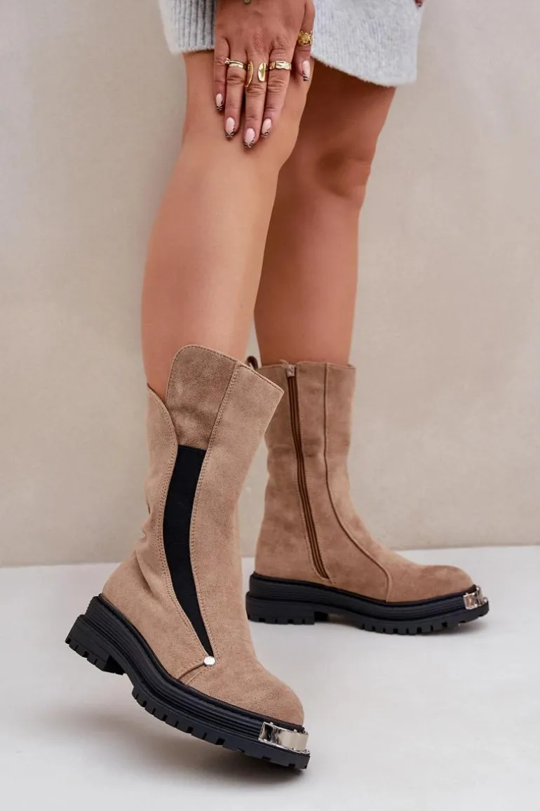Zamszowe Ocieplane Botki Na Płaskim Obcasie Beżowe Palimra