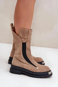 Zamszowe Ocieplane Botki Na Płaskim Obcasie Beżowe Palimra
