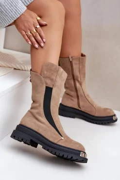Zamszowe Ocieplane Botki Na Płaskim Obcasie Beżowe Palimra