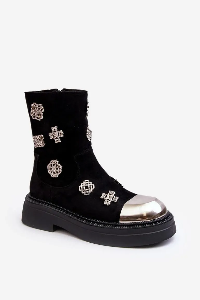 Zamszowe Ocieplane Botki Z Ozdobami D&A MR870-14 Czarne