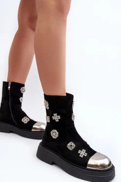 Zamszowe Ocieplane Botki Z Ozdobami D&A MR870-14 Czarne