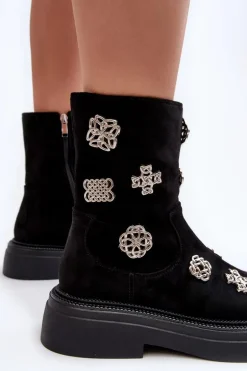 Zamszowe Ocieplane Botki Z Ozdobami D&A MR870-14 Czarne
