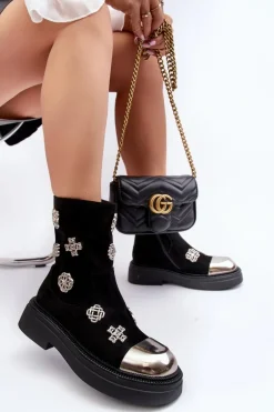 Zamszowe Ocieplane Botki Z Ozdobami D&A MR870-14 Czarne