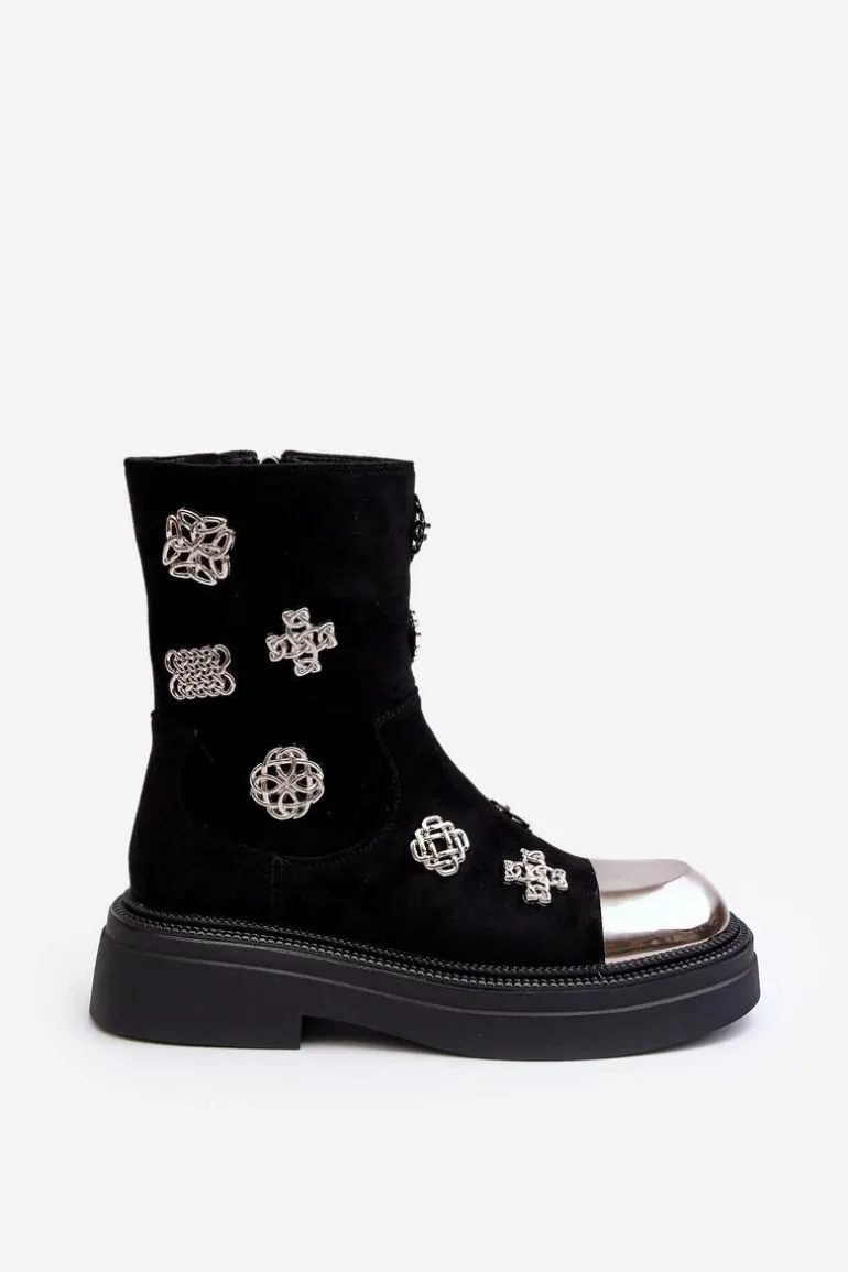 Zamszowe Ocieplane Botki Z Ozdobami D&A MR870-14 Czarne