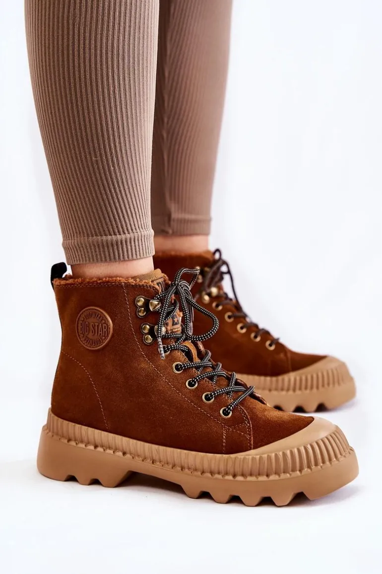 Zamszowe Ocieplane Botki Trapery Big Star KK274520 Brązowe
