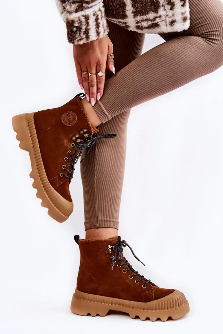 Zamszowe Ocieplane Botki Trapery Big Star KK274520 Brązowe