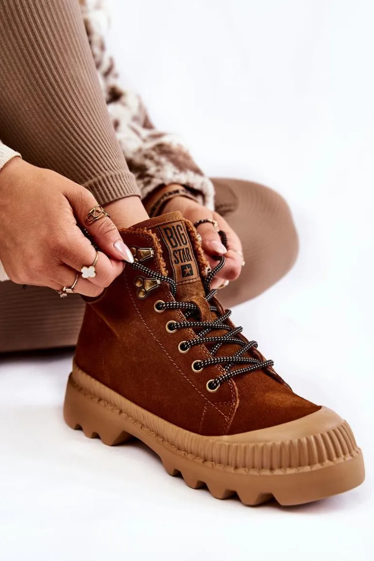 Zamszowe Ocieplane Botki Trapery Big Star KK274520 Brązowe