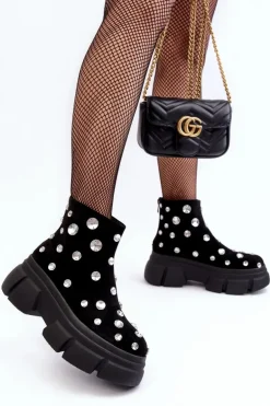 Zamszowe Ocieplane Botki Z Kryształkami D&A MR52-205 Czarne