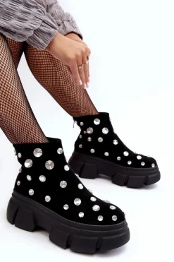 Zamszowe Ocieplane Botki Z Kryształkami D&A MR52-205 Czarne