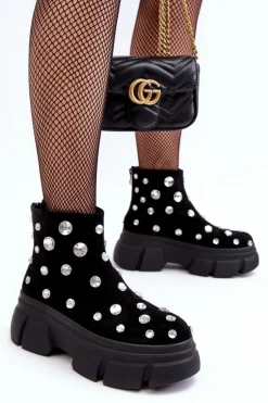 Zamszowe Ocieplane Botki Z Kryształkami D&A MR52-205 Czarne