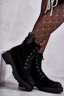 Zamszowe Ocieplane Botki Sznurowane Czarne Ritta