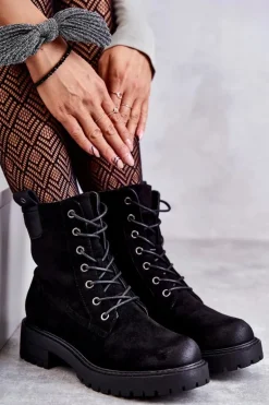 Zamszowe Ocieplane Botki Sznurowane Czarne Ritta