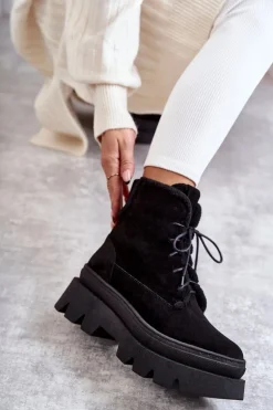 Zamszowe Ocieplane Botki Sznurowane Czarne Lemar Elisabeth