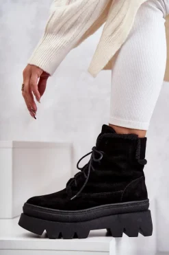 Zamszowe Ocieplane Botki Sznurowane Czarne Lemar Elisabeth