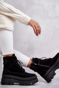 Zamszowe Ocieplane Botki Sznurowane Czarne Lemar Elisabeth