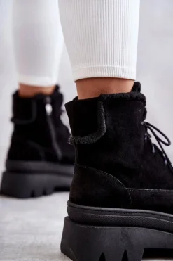 Zamszowe Ocieplane Botki Sznurowane Czarne Lemar Elisabeth